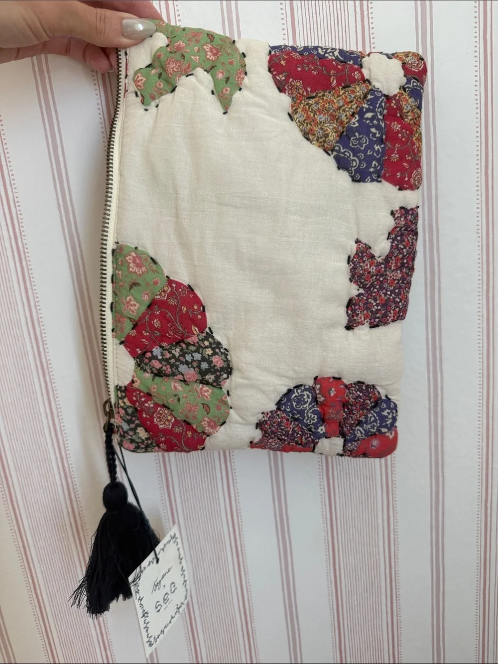 Sezane Cream Quilted Floral Patchwork Clutch with Black Tassel - Picture 4 of 4